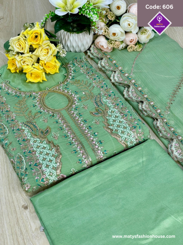 Elegant White Gold Chiffon Ensemble – Code 606